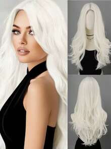 30 Inch Natural White Synthetic Wig, Long Wavy Curly Hair, Middle Part No Bangs, Suitable For Daily, Party, Halloween, Cosplay, Christmas, Events - Multicolor - View 2