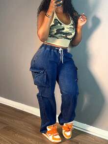 Jeans rectos para mujer: con cordón y múltiples bolsillos, adecuados para todo tipo de ocasiones diarias - Azul lavado oscuro - Ver 5