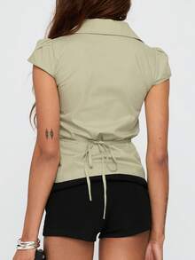 Women Y2k Button Down Shirt Top Tie Back Blouse Cap Sleeve Lapel Ruched Front Slim Fit T Shirts Crop Tops Summer Casual Going Out Tops Vintage Aesthetic Clothes Retro Blouse Streetwear - 綠色 - 查看 2