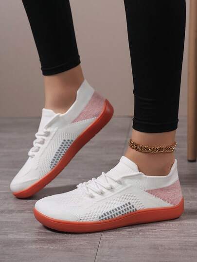 Women's Minimalist Barefoot Sneakers - Wide Width White Breathable Knit Fabric Lace-Up Round Toe Casual Shoes, Shock-Absorbing Rubber Sole, All-Season Comfortable Casual Shoes, Fashionable Lace-Up Design, Flexible Wear