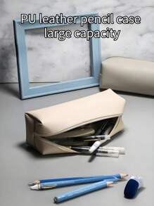 Back To School Season 1 Piece Three-Dimensional Leather Simple Pencil Case Unisex Makeup Brush Storage Bag Zipper Stationery Foldable Convenient PU Makeup Stationery Pencil Pen Storage Bag Gift - Black - View 3