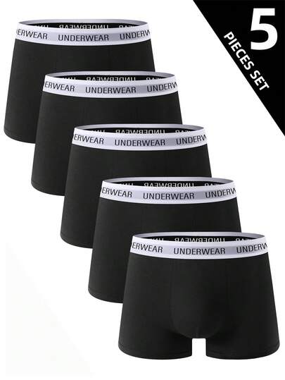 Pacote com 5 cuecas masculinas pretas premium de cor sólida, cuecas boxer confortáveis, roupa íntima casual, shorts plus size