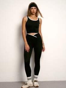 PinkTip Women's Autumn Yoga Dance Pilates 3 Pieces Set, Solid Color Seamless Elastic Sports Vest, Casual Minimalist Outerwear Long Sleeve Sports Jacket, Fitness Running Training Outdoor Sports Flared Pants - Black - View 6