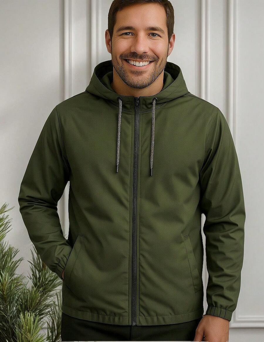 Men's Lightweight Plain Water-Repellent Windbreaker Jacket With Hood - 深綠色+純色+GG - 查看 1