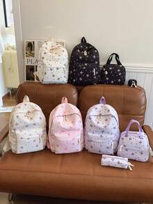 3 Pcs Fashionable Preppy Bow Print Backpack Set,Backpack&Lunch Bag&Pencil Case,With Laptop Compartment Bookbag,Adjustable Strap Bookbag Set,Multi Pockets High-Capacity School Bag Set Multifunctional Daypack Set Idea For Boys/Girls/Teens/College Students/Graduate/Graduate For Daily Use/Vacation/Travel/Back To School - Multicolor - View 11