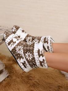 女士平底室内毛绒鹿图案拖鞋，静音鞋底圣诞主题家居拖鞋，适合秋冬季 - 棕色 - 查看 3