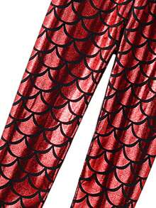 女孩美人鱼鳞片闪亮紧身打底裤，修身日常和派对穿着，彩虹色美人鱼亮片裤 - 紅色 - 查看 5