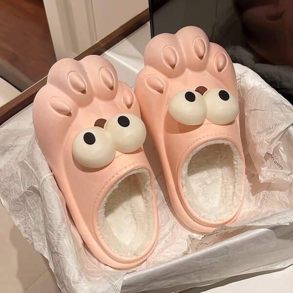 2025 New Women's Indoor Big Eyes Waterproof Slippers, Warm Winter Home Wear, Non-Slip Couple Closed Toe Thermal Slippers