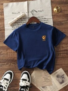 Boys & Teens Students Casual Printed Round Neck Short Sleeve T-Shirt, Summer Top - Navy Blue - View 4