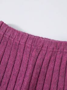 2 piezas Conjunto de sudadera y pantalones de unicolor acanalado informal para niñas, diseño lindo con lazo, suave y dulce, para otoño/invierno