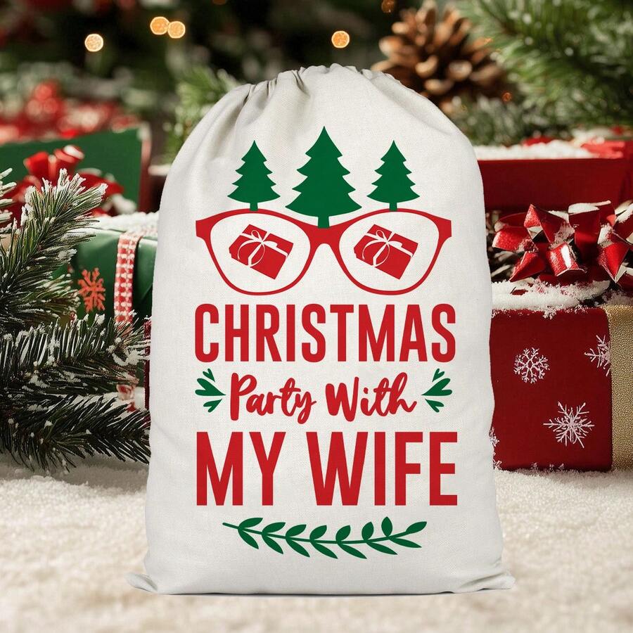 Christmas Gift Printing Linen-Like Drawstring Pouch, DIY Christmas Gift Packaging, Christmas Decoration, Essential For Gift Wrapping And Presentation - Multicolor - View 1