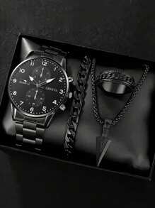 Conjunto de 4 piezas de reloj de cuarzo de moda para hombre - Estilo de negocios con colgante de flecha, pulsera, anillo, reloj de acero inoxidable con pantalla analógica precisa, cómodo, adecuado para uso casual y deportivo - Regalo ideal para él