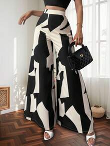 Pantalones anchos con estampado irregular para mujer, diseño versátil, casual y cómodo, estilo de pantalón drapeado moderno y de moda, forma de pierna favorecedora, adecuado para el uso diario. - Blanco - Ver 4