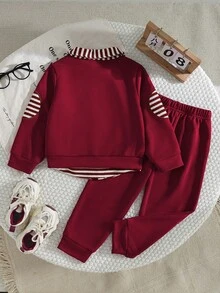 Outfit da 2 pezzi per bimbo piccolo, con stampa di coniglio e blocchi di colore, camicia a maniche lunghe con colletto a righe + pantaloni con stampa di coniglio, completo di moda adorabile, versatile per uso casual, uscite e feste