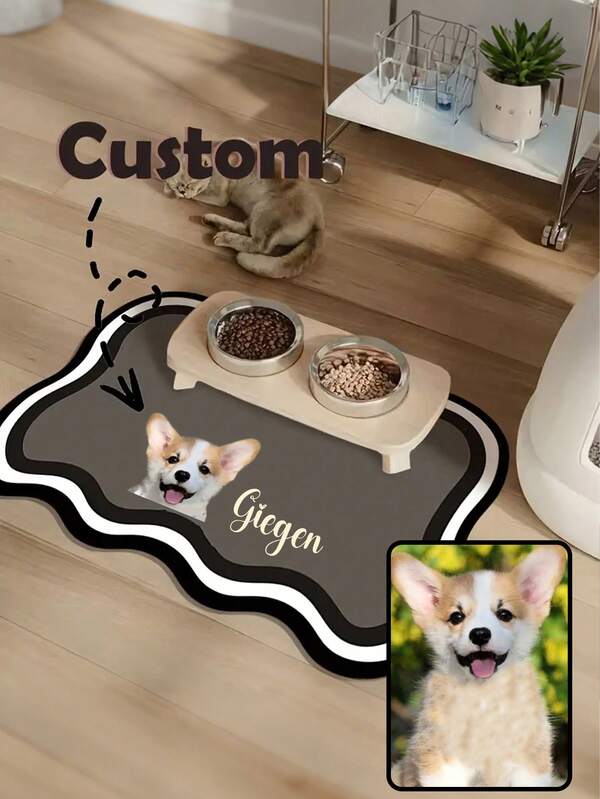 Customizable Quick-Drying Pet Feeding Mat With Your Pet'S Name And Photo. Splash-Proof, Absorbent, And Easy To Clean, Suitable For Dogs And Cats. Personalized Design. Washable Pet Feeding Mat, The Perfect Gift For Pet Owners.