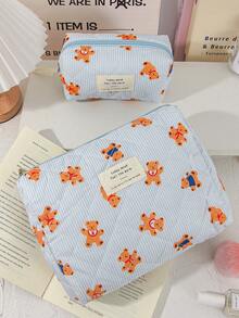 1 Pc/Set Cute Strip Print Cosmetics Storage Bag Foam Quilted Make Up Bag Cartoon Bear Pattern Travel Toiletry Bag Cute Blue Cosmetics Storage Bag Large Capacity Makeup Pouch Multi-Functional Items Organizer Bag Handheld Make Up Bag Zippered Pencil Case Jewelry Organizer Bag, Lip Oil Organizer Bag, Nail Polish Organizer Bag Sanitary Towel Storage Bag For Girl Birthday Gift Back To School Gift Girlfriend Gift - Blue - View 17