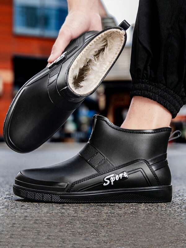 Fesd Ts Deutsche Stil Neue Herren Kurze Regenstiefel, thermisch gefüttert warm, rutschfeste Gummistiefel für Küchen-Arbeit, Outdoor Waschen, Camping, Angeln, wasserdichte Schuhe, Buchstaben Muster Sport Outdoor Strand TPR (Thermoplastisches Gummi) Haushalts Regenstiefel, Arbeitsschuhe, Ganzjährig