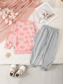 Conjunto de Roupas para Meninas Pequenas Estampa de Gato Cartoon Moletom com Capuz Ternos Esportivos Primavera Outono Roupas Infantis Blusas de Moletom Calças 2 Peças Conjuntos de Agasalhos para Conjuntos de Roupas de Bebê Meninas