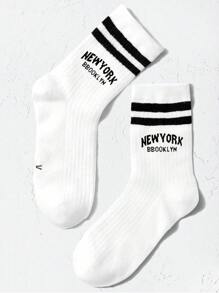 1雙兒童雙橫條紋時尚字母運動中筒襪,日常休閒百搭