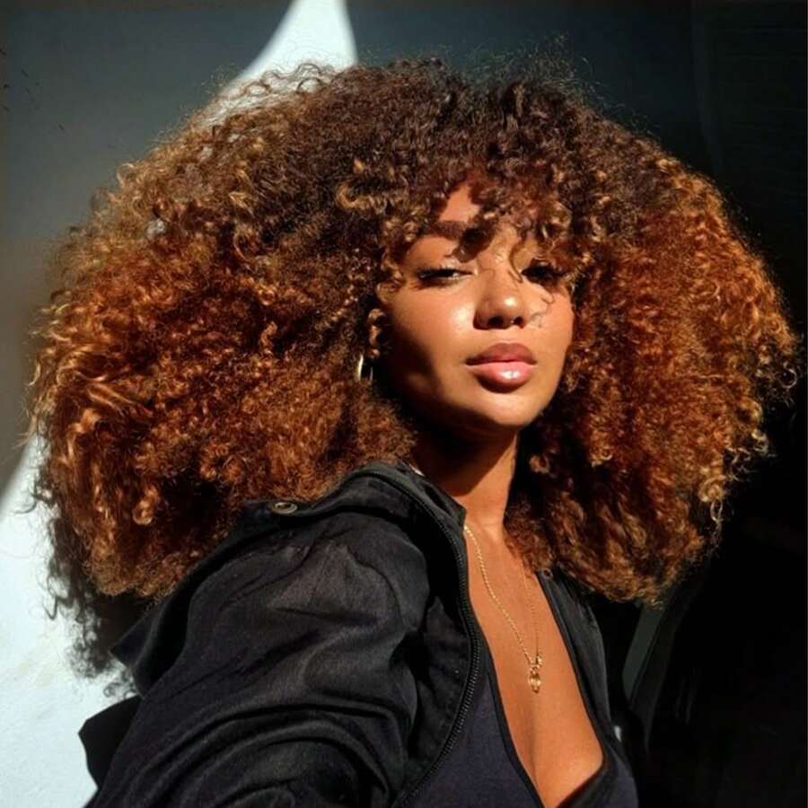 16 Inch Curly Wig Afro Curly Wigs For Women Afro Kinky Curly Wig With Bangs Full And Fluffy Glueless Wigs Synthetic Hair Replacement Wigs For Cosplay And Daily - Màu nâu ombre - Xem 1