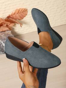 Zapatos de cuña con slip-on para mujer, de punta redonda y tacón alto bajo, para vacaciones/oficina/exterior/playa, bailarinas de satén gris