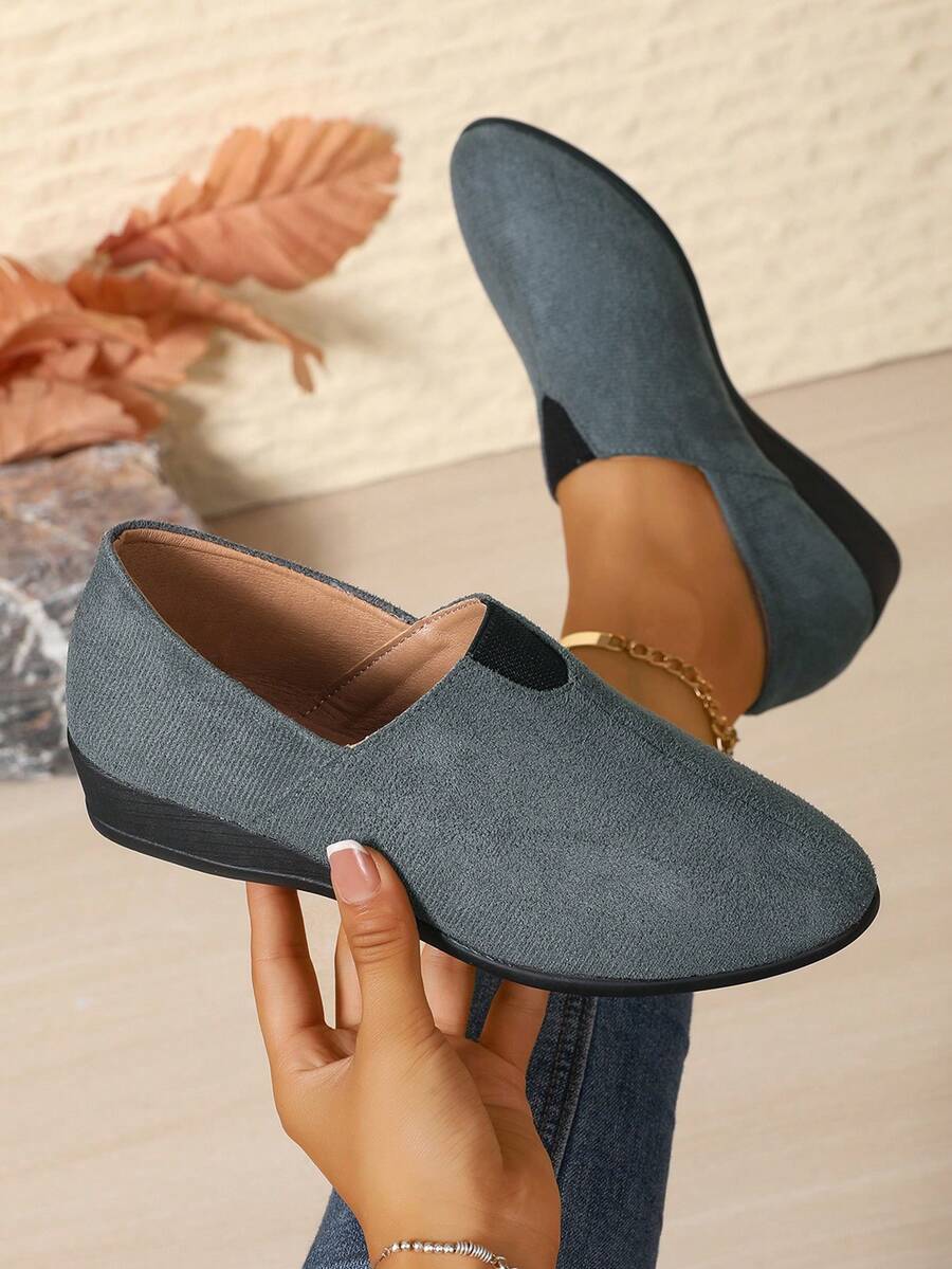 Zapatos de cuña con slip-on para mujer, de punta redonda y tacón alto bajo, para vacaciones/oficina/exterior/playa, bailarinas de satén gris