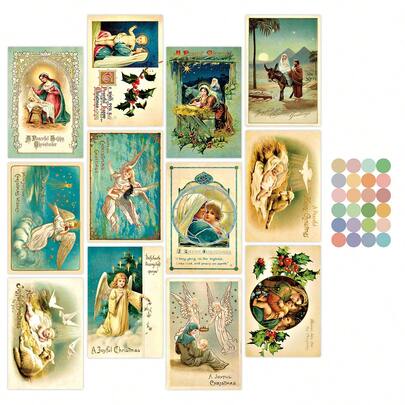 12 piezas Juego de postales de arte de pared con escena religiosa del Nacimiento, imágenes vintage de Jesús y ángeles antiguos con estética, pequeños carteles festivos para decoración de pared del hogar