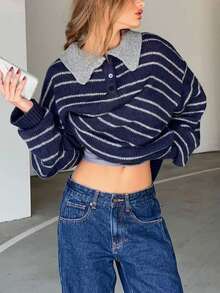 Retro College Style Striped Collar Button-Up Soft & Cozy Sweater - Royal Blue - View 3