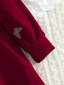 Girls' Sweet Bowknot & Embroidery Decor Long Sleeve Dress, Suitable For Spring/Autumn, Christmas Party, Family Gathering, Outdoor Play, And Daily Wear - 酒紅色 - 查看 5