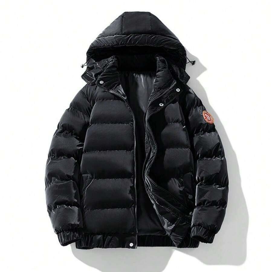 Men Winter Coats Thickened Loose Hooded Down Cotton Jacket For Men And Women, Windproof And Warm Winter New Style Cotton Clothing - 黑色 - 查看 1