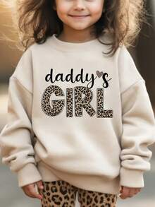 1pc Valentine's Day Girls Casual "DADDY'S GIRL" Print Crew Neck Sweatshirt, Autumn/Winter Student Young Children Long Sleeve Top - Leopard Print Fashionable And Cool, Suitable For Young Trendsetters - Apricot - View 2