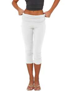 Fold Over Capri Leggings For Women Knee Length Gym Yoga Crop Pants Stretch Low Rise Athletic Bottoms