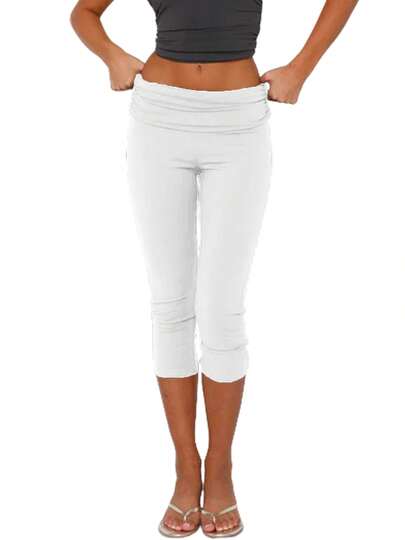 Fold Over Capri Leggings For Women Knee Length Gym Yoga Crop Pants Stretch Low Rise Athletic Bottoms