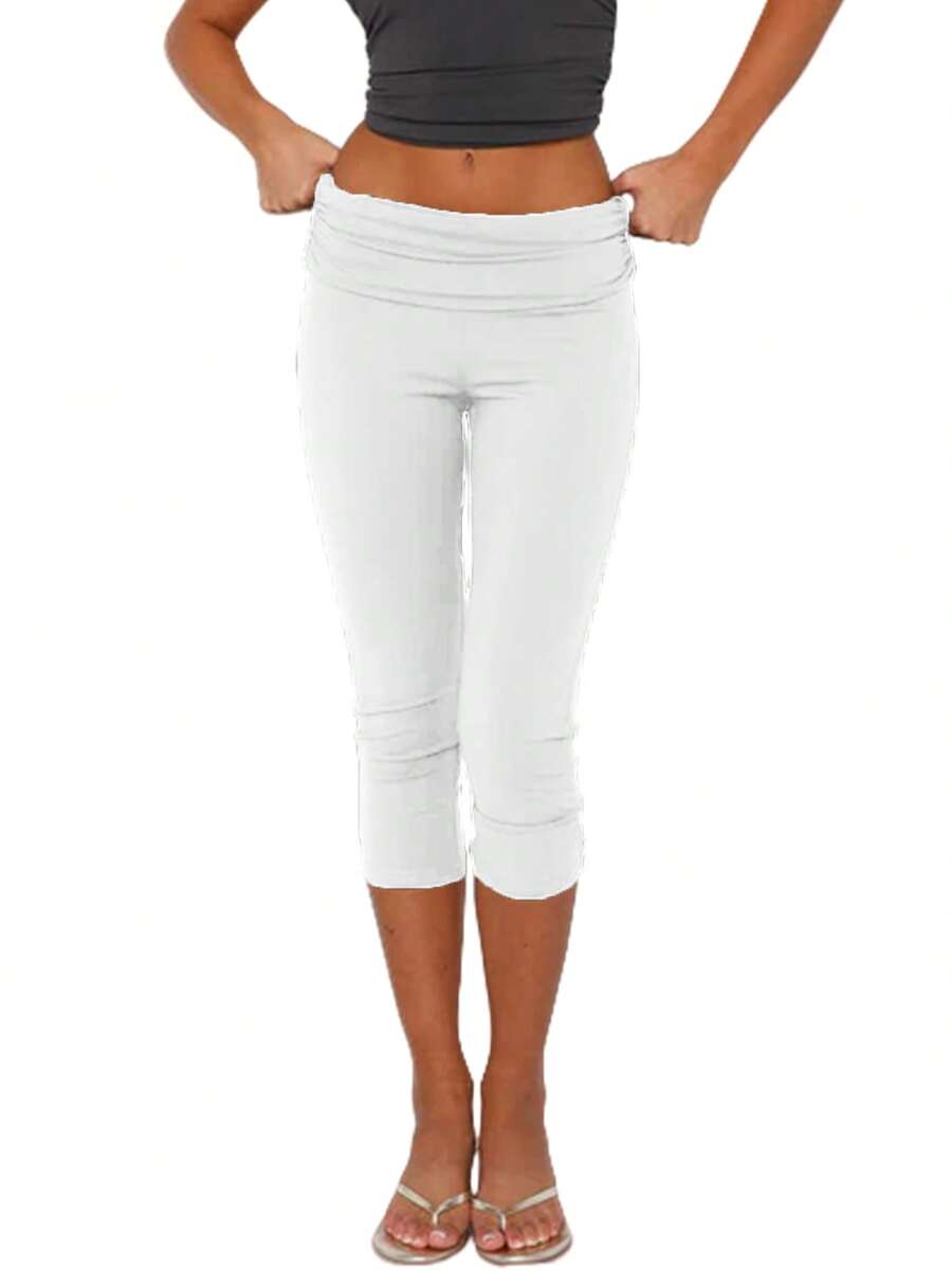 Fold Over Capri Leggings For Women Knee Length Gym Yoga Crop Pants Stretch Low Rise Athletic Bottoms