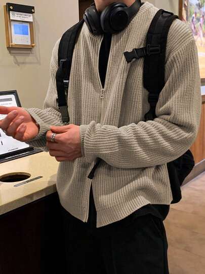 سترة كاردجان بياقة مستديرة وأكمام طويلة وأكتاف منسدلة مزودة بسحاب مزدوج، لون أحادي، قميص رجالي فضفاض مناسب للارتداء اليومي، مناسب للربيع/الخريف/الشتاء