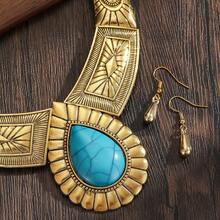 طقم قلادة معدنية أوروبية وأمريكية مبالغ فيها بتصميم الأزهار الزرقاء الفيروزية الشكل الدمعي الفينتاج