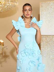 全新优雅 3D 花卉装饰时尚荷叶边无袖连衣裙，女士长款正式礼服，适合婚礼宾客、伴娘、派对、晚会 - 藍色 - 查看 8