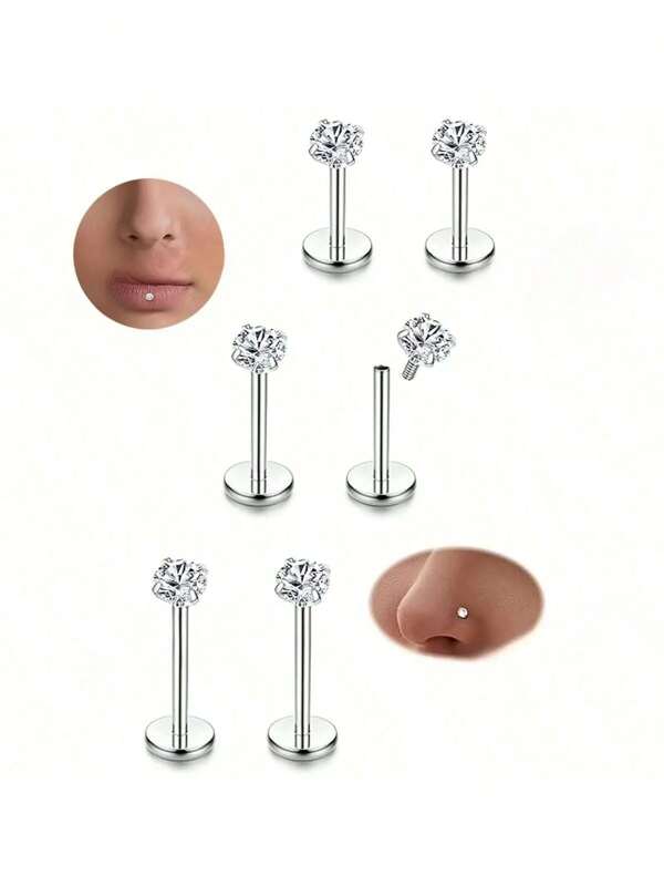 6pcs Stainless Steel Cubic Zirconia Lip Studs Labret Nose Studs, Tragus Helix Ear Piercing Jewelry 6mm 8mm 10mm Bar Length 3 Pairs Set