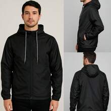 Men's Lightweight Plain Water-Repellent Windbreaker Jacket With Hood - Negro+Liso+P - Ver 2