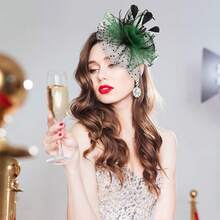 Ibeauti Fascinator Hats With Screentouch Lace Gloves Set Women Tea Party Cocktail Wedding Derby Headwear Short Gloves - 02 黑色/綠色 - 查看 2