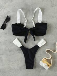 新款夏季女士黑白条纹荷叶边性感休闲沙滩度假约会比基尼套装，包含独立泳衣 - 黑與白 - 查看 3