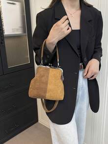 2025秋冬新款时尚复古绒面材质手提包，可拆卸女士单肩包，带纽扣开合钱包。简约棕色斜挎包 - 彩色 - 查看 4