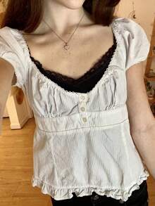 Women Y2k Fairycore Babydoll Shirt Top Plaid/Solid Color Lace Trim V-Neck Short Sleeve Button Front Ruffle Hem Gingham T Shirts Crop Tops Teen Girls Grunge Going Out Tunic Tops Cute Flowy Tee Vintage Aesthetic Clothes Casual Daily Streetwear - 白色 - 查看 2