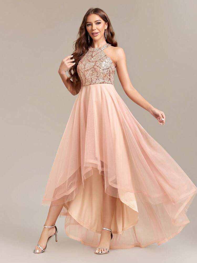 Vestido formal elegante de mujer con dobladillo asimétrico de parches de lentejuelas, vestido de gala, vestido de invitada de boda, ceremonia de graduación, vestido de noche - Oro rosa - Añade 1