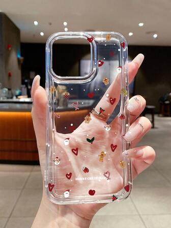 Christmas Gingerbread Man Red Heart Print Phone Protective Case, Snowman Snowflake Santa Claus Candy Cane Graphic Print Transparent Phone Case, Airbag Cushion Full Coverage Shock-Proof Anti-Fall TPU Soft Case, Compatible With IPhone & Galaxy Phones