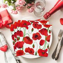 20pcs/40pcs/60pcs/100pcs/Set,Red Poppy Flower Print Napkins - 2-Ply White Background With Bright Poppies And Green Stems, Suitable For Party Decorations, Romantic Dinners, Holiday Birthday Celebrations, Floral Theme Party Arrangements, Durable Material, Event Planning Supplies - Multicolor - View 1