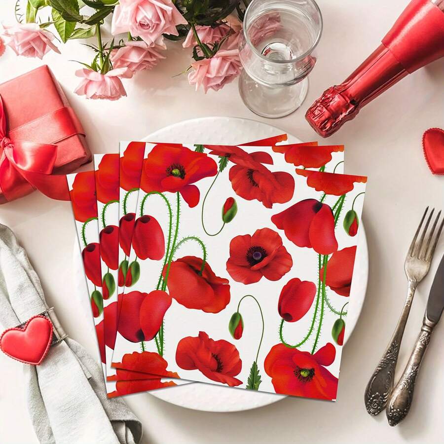 20pcs/40pcs/60pcs/100pcs/Set,Red Poppy Flower Print Napkins - 2-Ply White Background With Bright Poppies And Green Stems, Suitable For Party Decorations, Romantic Dinners, Holiday Birthday Celebrations, Floral Theme Party Arrangements, Durable Material, Event Planning Supplies - Multicolor - View 1