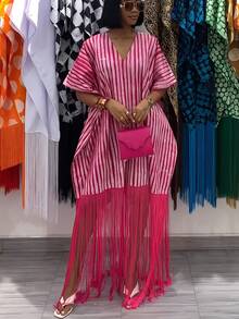 Elegant Pink Stripe Kaftan Dress For Women V Neck Maxi Dress With Fringe Hem And Loose Fit - 彩色 - 查看 3