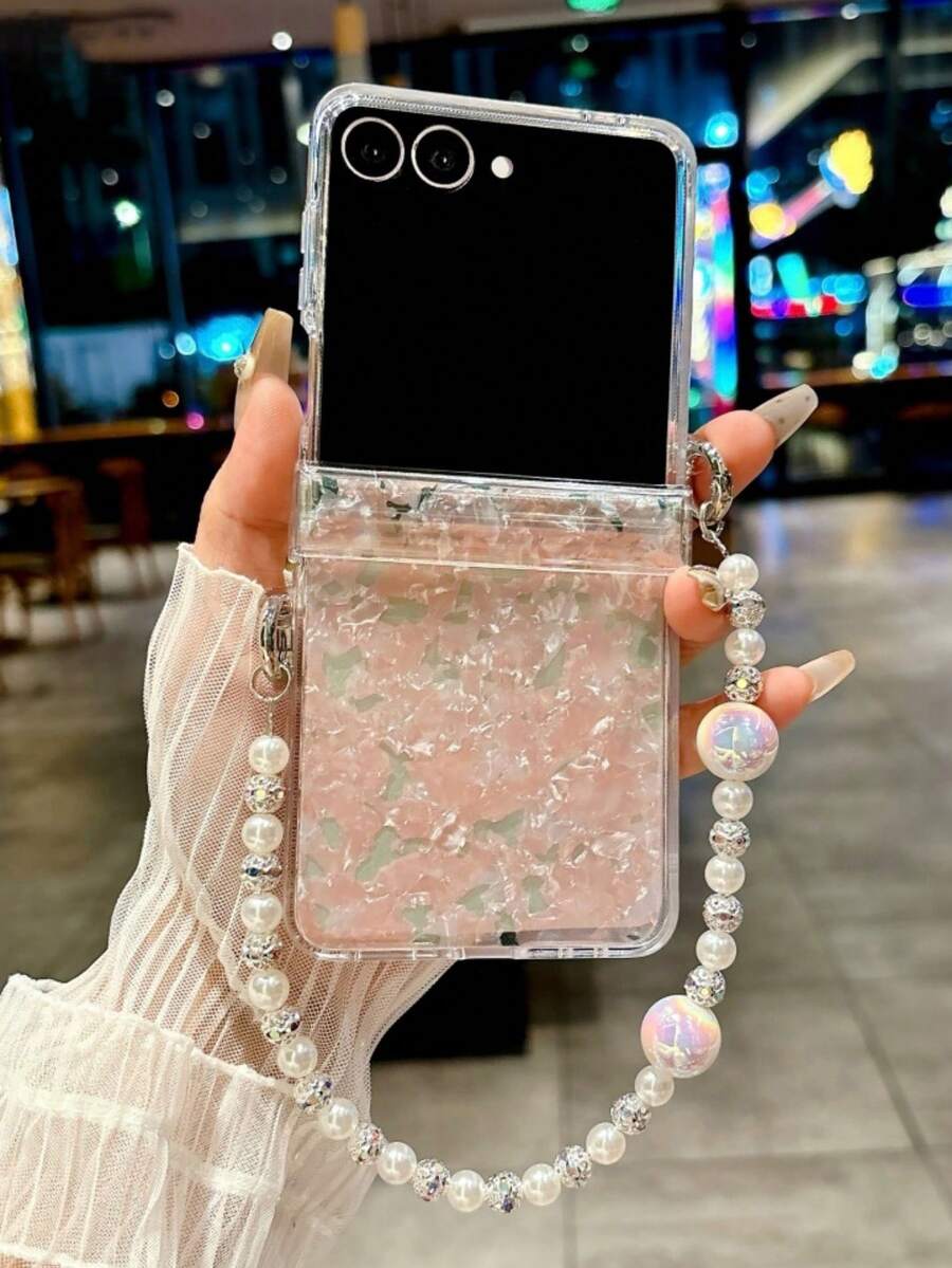 Luxury Laser Aurora Shell Pattern Bracelet Chain Phone Case Compatible With Samsung Galaxy Z Flip 7 6 5 4 3 5G Cute Colorful Camera Protection Shockproof Cover Waterproof Anti-Fall Scratch Resistant