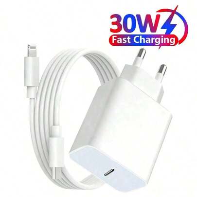30W Fast Charging Kit: EU USB C Wall Charger + 3.3Ft/100cm USB C To Lightning Cable For Fast Data Transfer, Compatible With IPhone 14/13/12/11/XR/XS/XS Max Phone Charger Nan